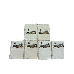 Vintage Linen Cocktail Napkins Screen Printed Roadrunner Fringed 6pcs Southwest